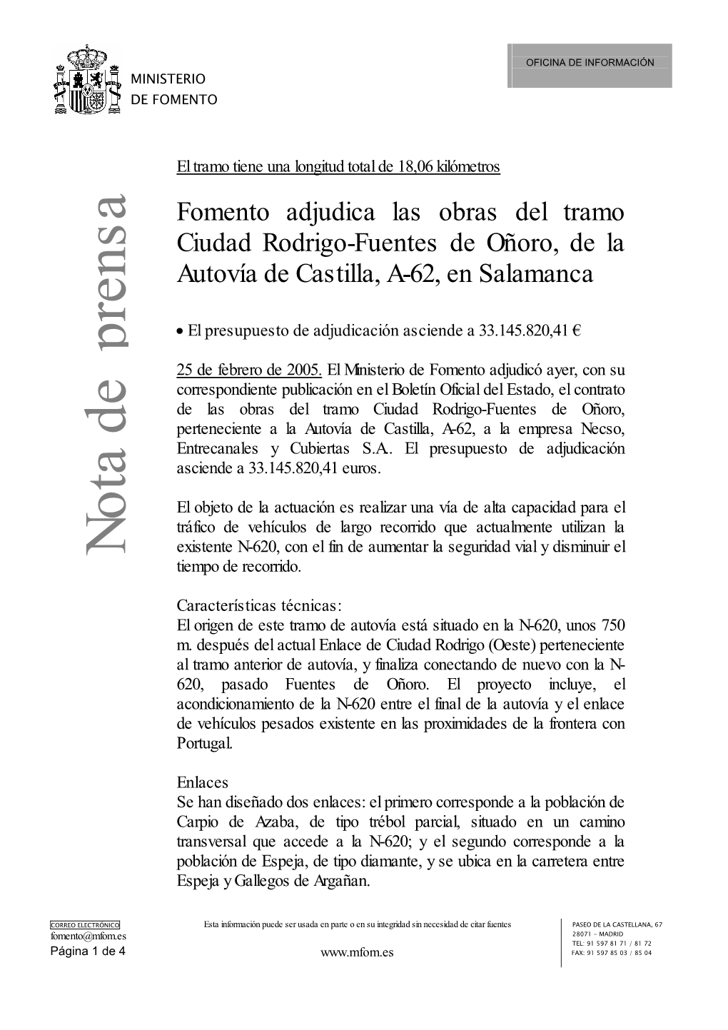 Fomento Adjudica Las Obras Del Tramo Ciudad Rodrigo-Fuentes De Oñoro, De La Autovía De Castilla, A-62, En Salamanca