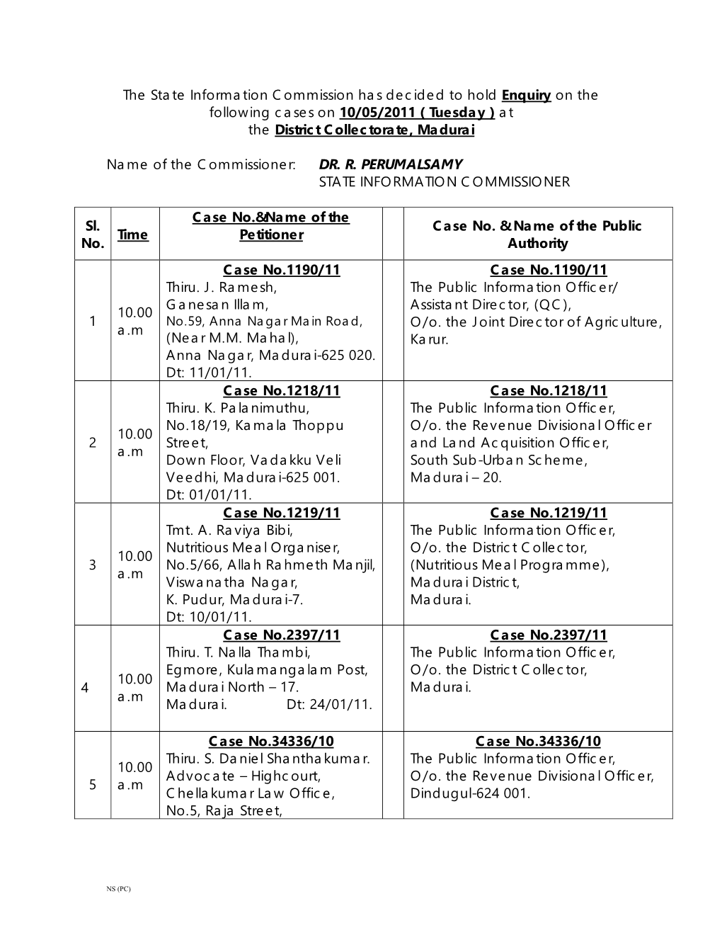 The State Information Commission Has Decided to Hold Enquiry on the Following Cases on 10/05/2011 ( Tuesday ) at the District Collectorate, Madurai