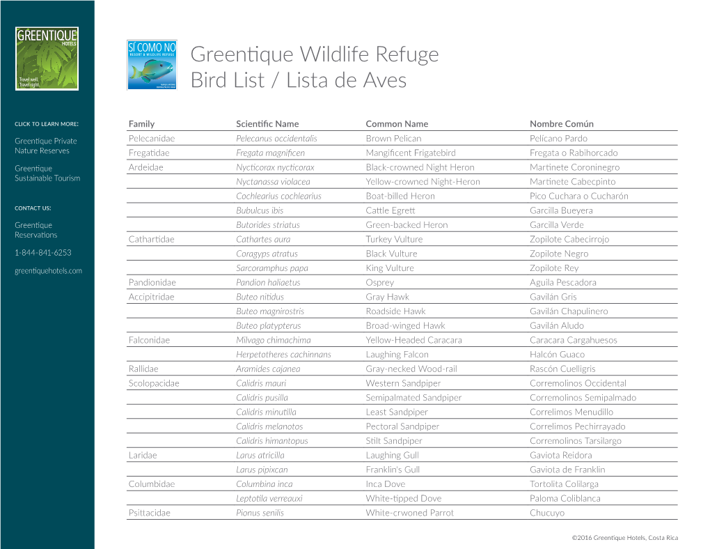 Greentique Wildlife Refuge Bird List / Lista De Aves