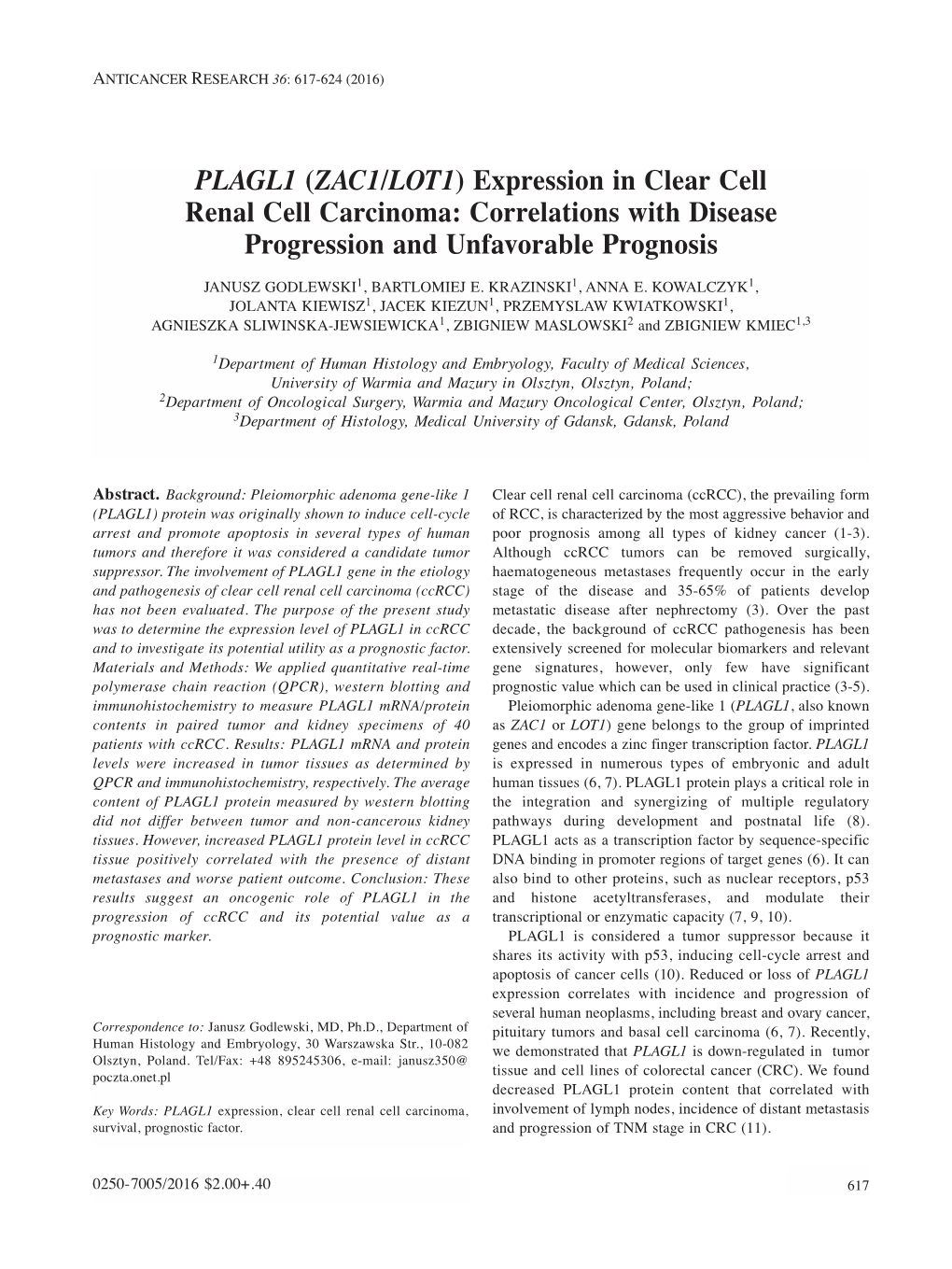 PLAGL1 (ZAC1/LOT1) Expression in Clear Cell Renal Cell Carcinoma: Correlations with Disease Progression and Unfavorable Prognosis