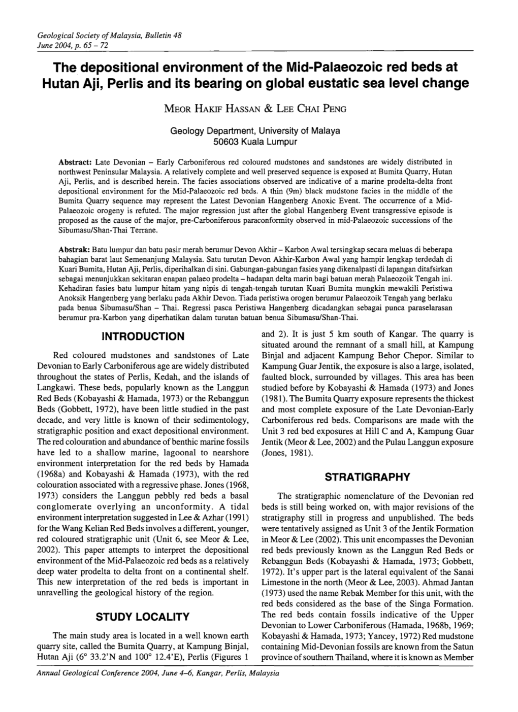 The Depositional Environment of the Mid-Palaeozoic Red Beds at Hutan Aji, Perlis and Its Bearing on Global Eustatic Sea Level Change