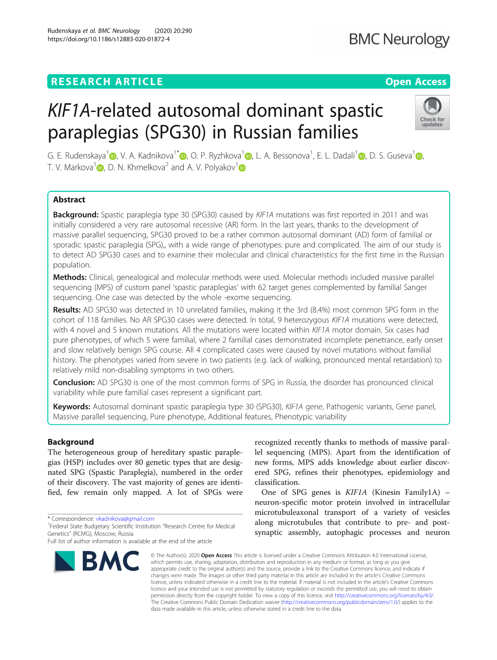 KIF1A-Related Autosomal Dominant Spastic Paraplegias (SPG30) in Russian Families G