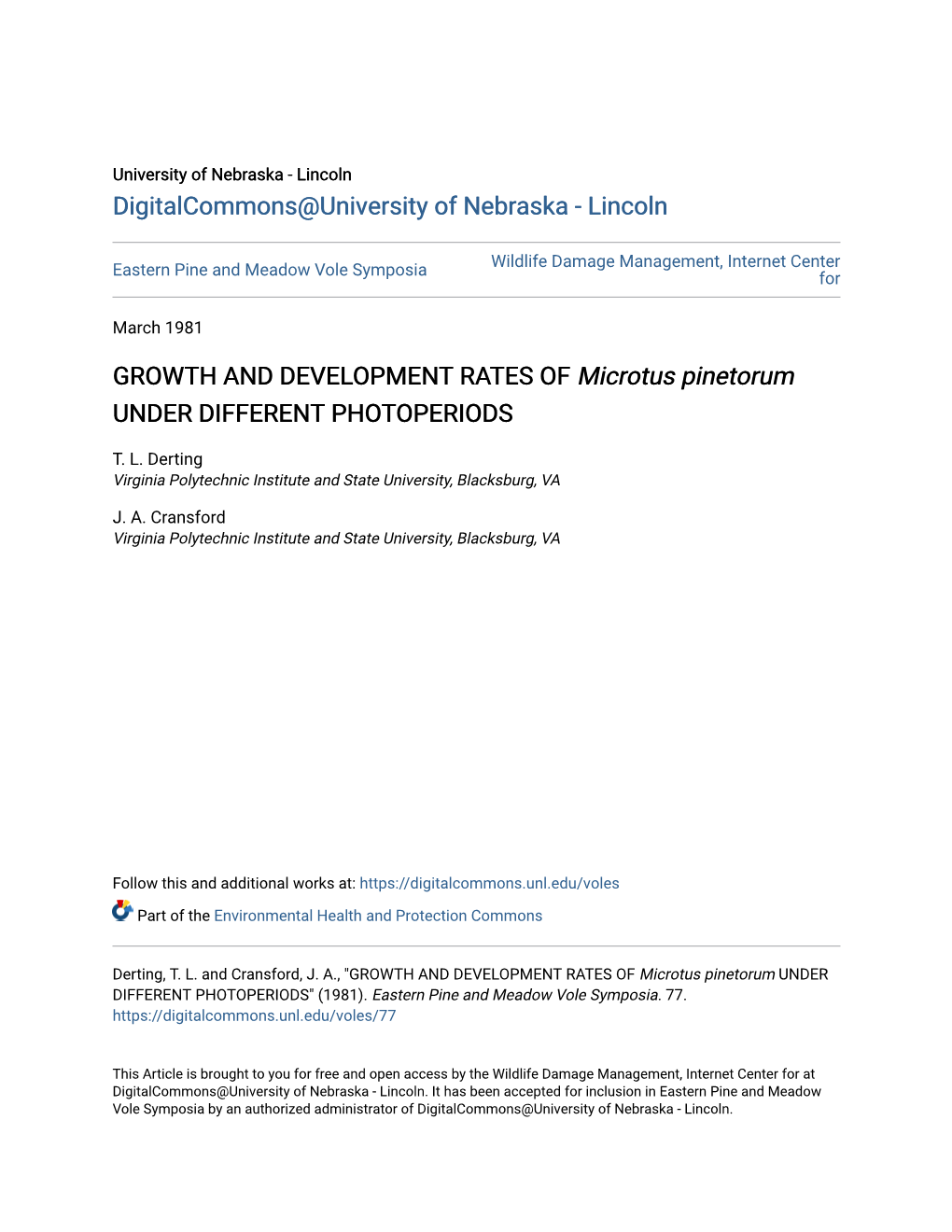 GROWTH and DEVELOPMENT RATES of Microtus Pinetorum UNDER DIFFERENT PHOTOPERIODS