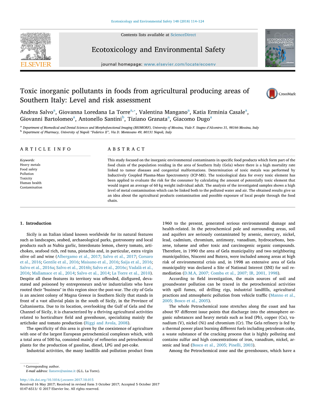 Toxic Inorganic Pollutants in Foods from Agricultural Producing Areas Of