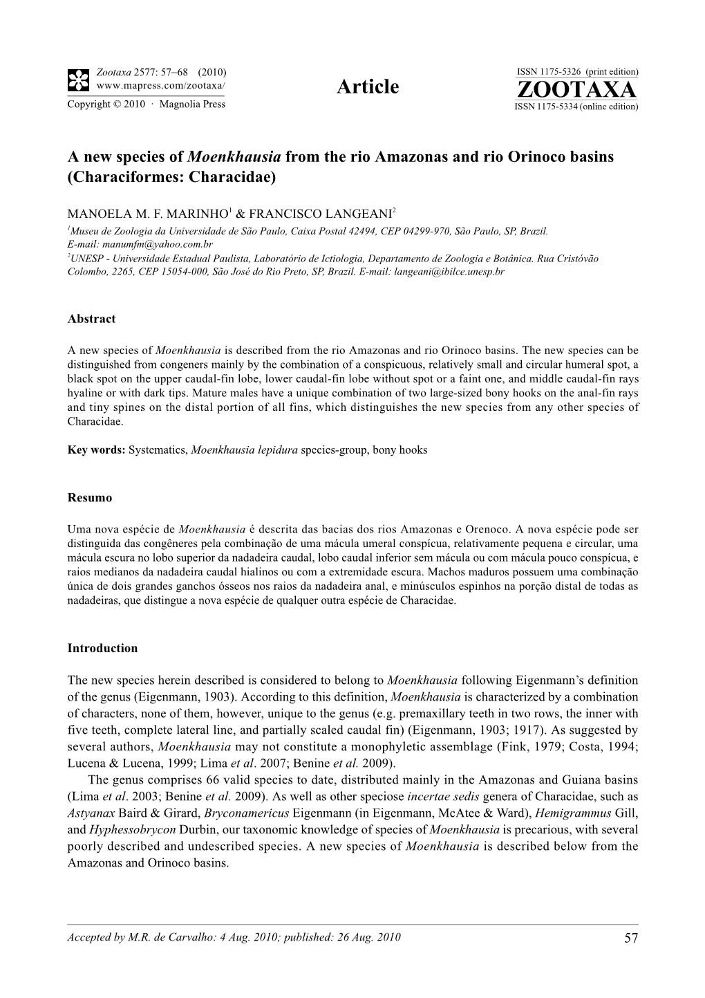 Zootaxa, a New Species of Moenkhausia from the Rio Amazonas and Rio Orinoco Basins