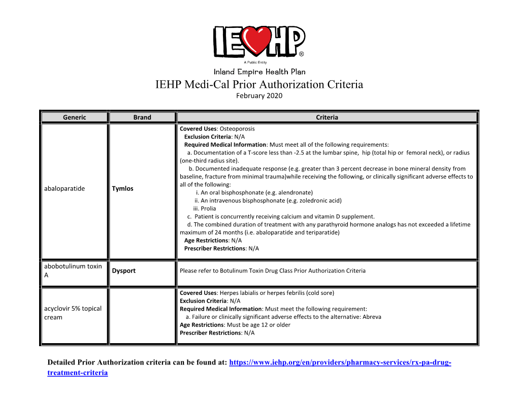 IEHP Medi-Cal Prior Authorization Criteria February 2020