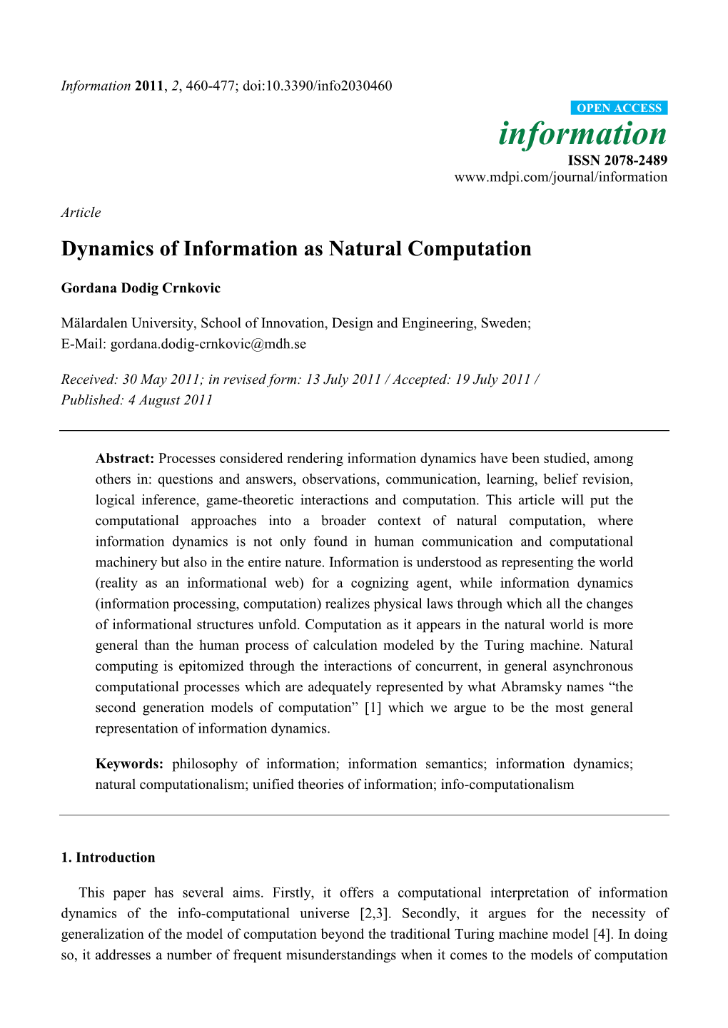 Dynamics of Information As Natural Computation