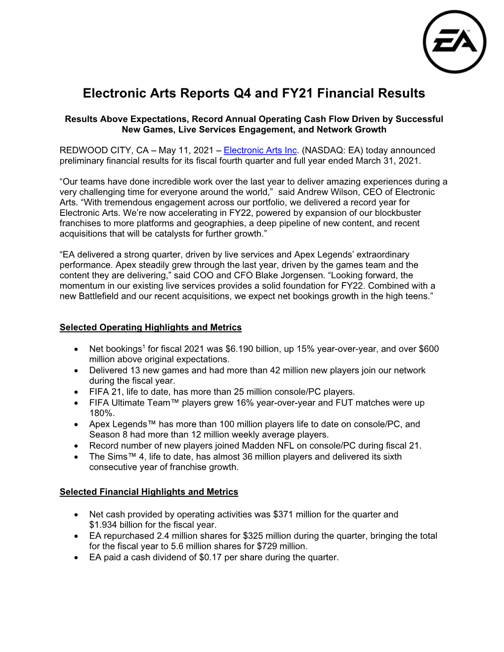 Electronic Arts Reports Q4 and FY21 Financial Results