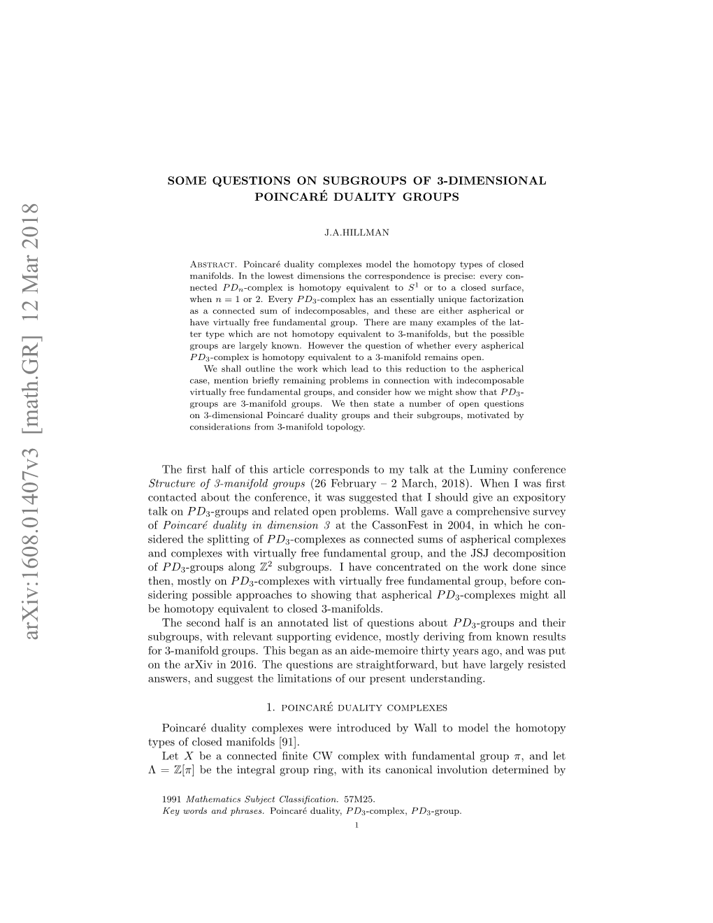 Some Questions on Subgroups of 3-Dimensional Poincar\'E Duality Groups