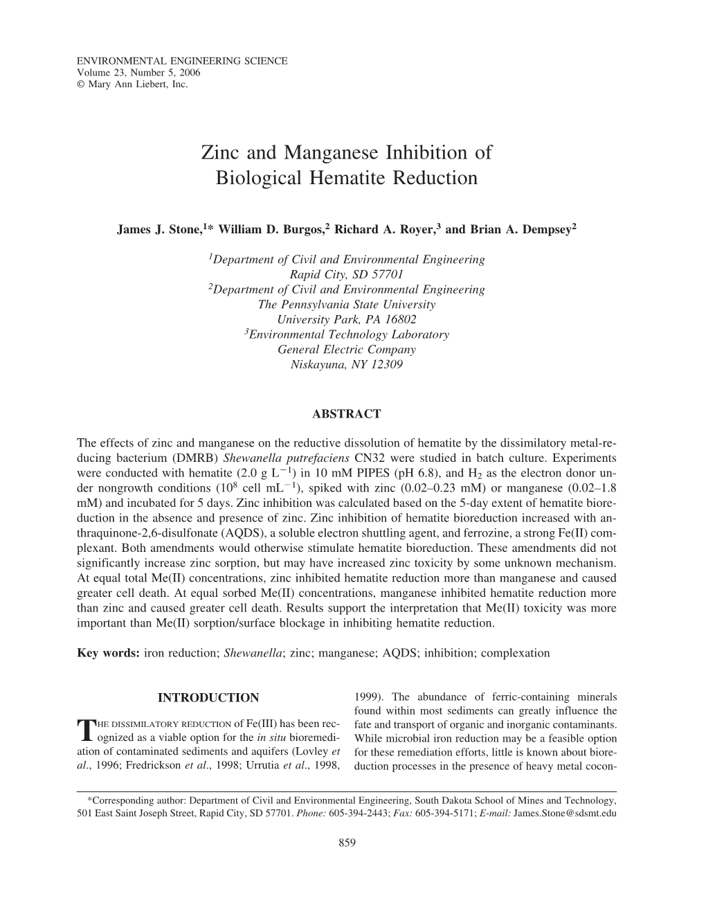 Zinc and Manganese Inhibition of Biological Hematite Reduction