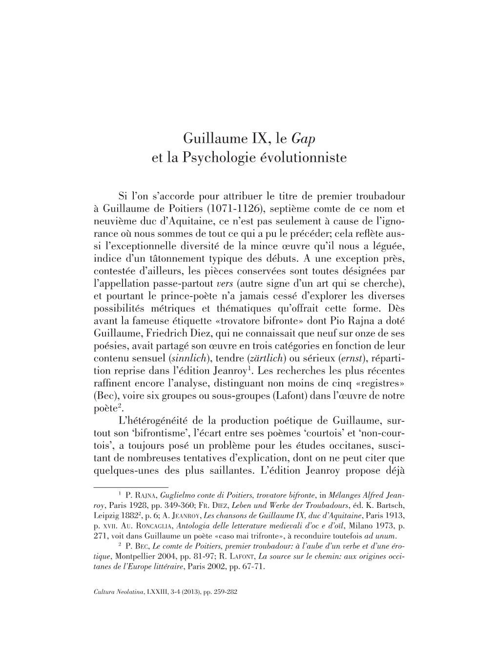 Guillaume IX, Le Gap Et La Psychologie Évolutionniste