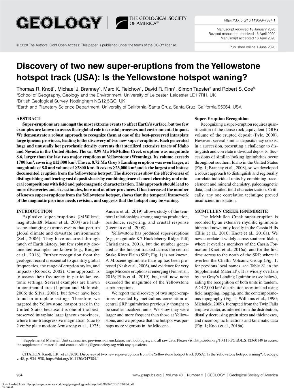 Discovery of Two New Super-Eruptions from the Yellowstone Hotspot Track (USA): Is the Yellowstone Hotspot Waning? Thomas R