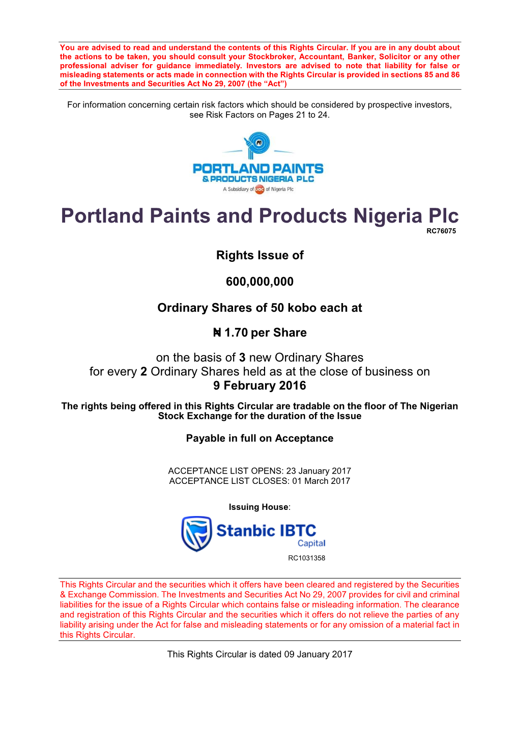 Portland Paints and Products Nigeria Plc RC76075