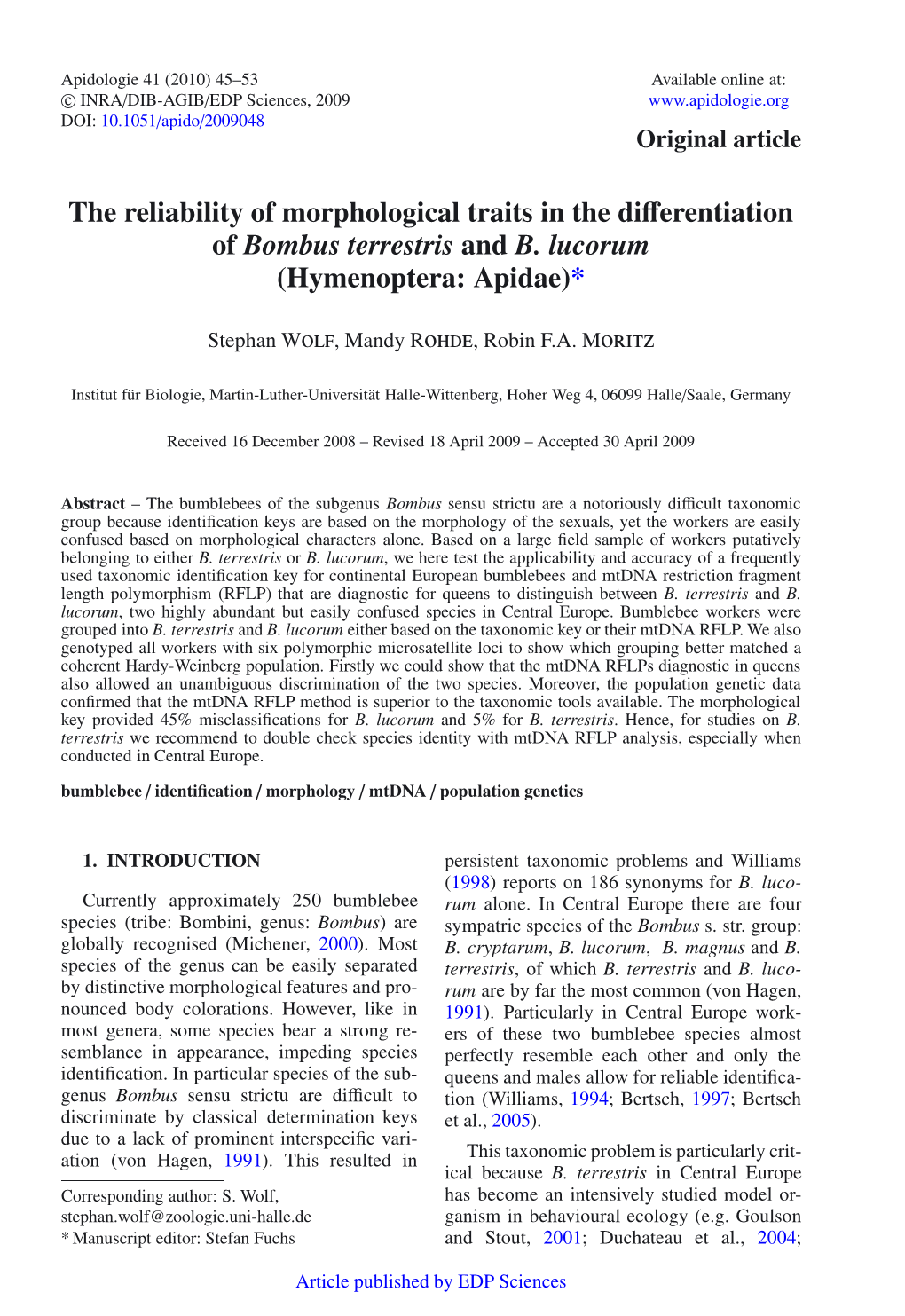 The Reliability of Morphological Traits in the Differentiation of Bombus