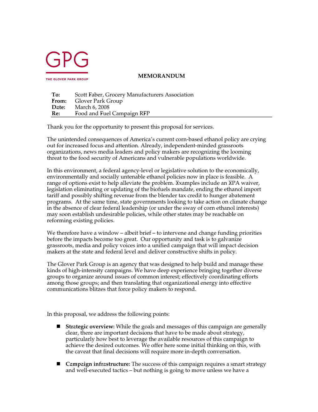 Glover Park Group Date: March 6, 2008 Re: Food and Fuel Campaign RFP