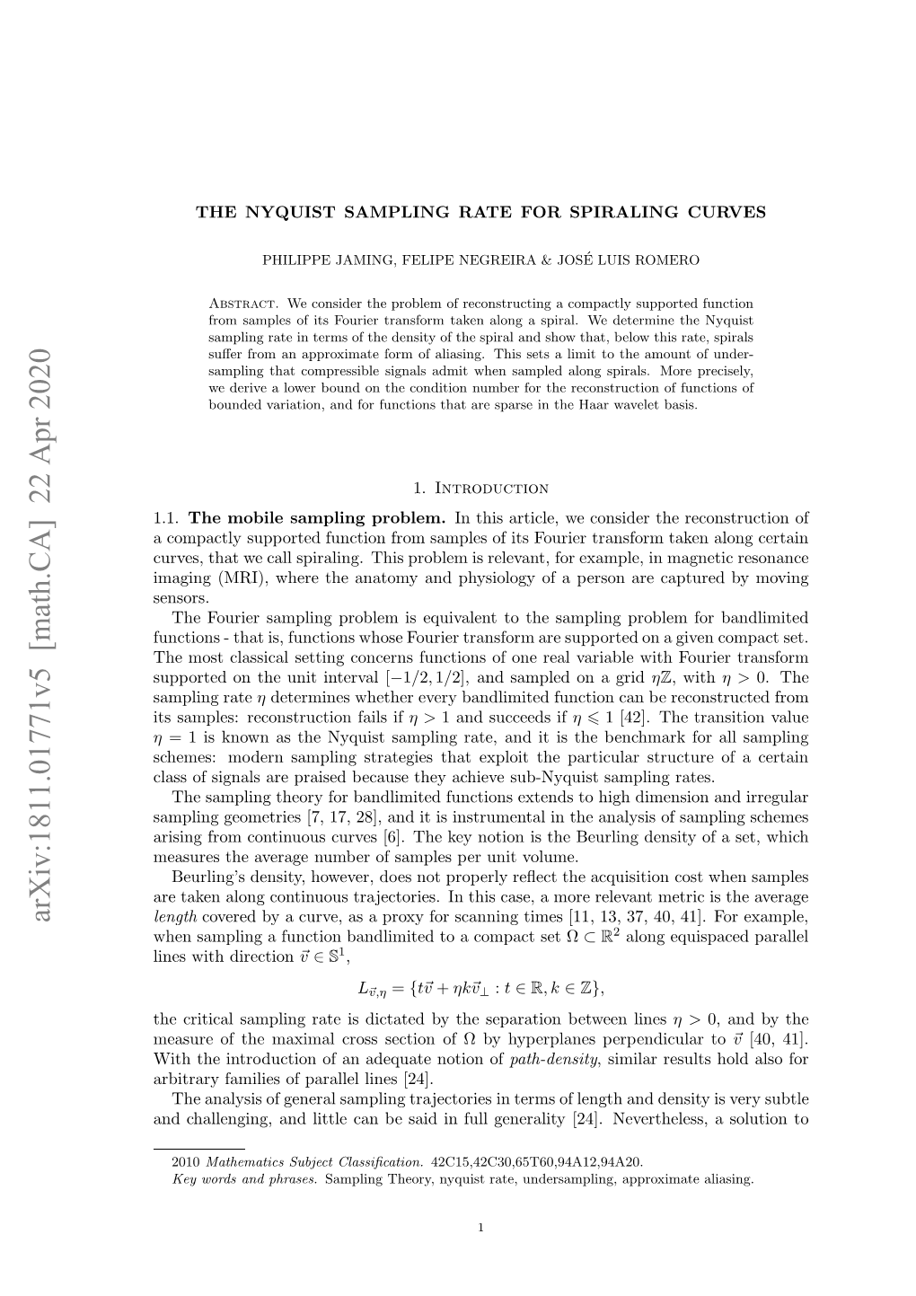 The Nyquist Sampling Rate for Spiraling Curves 11