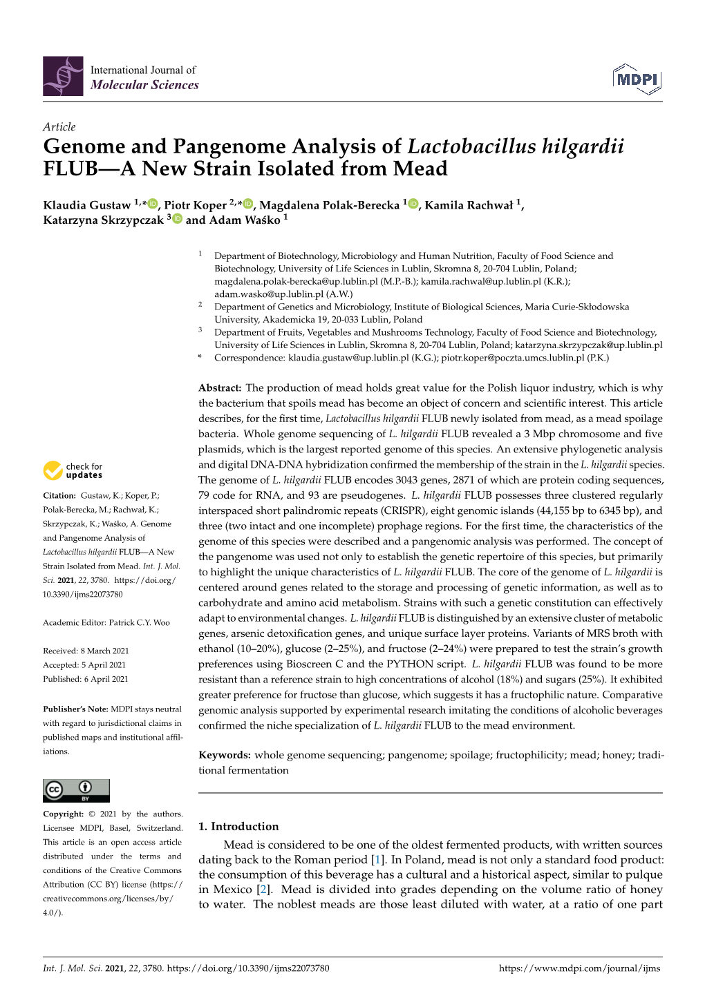 Genome and Pangenome Analysis of Lactobacillus Hilgardii FLUB—A New Strain Isolated from Mead