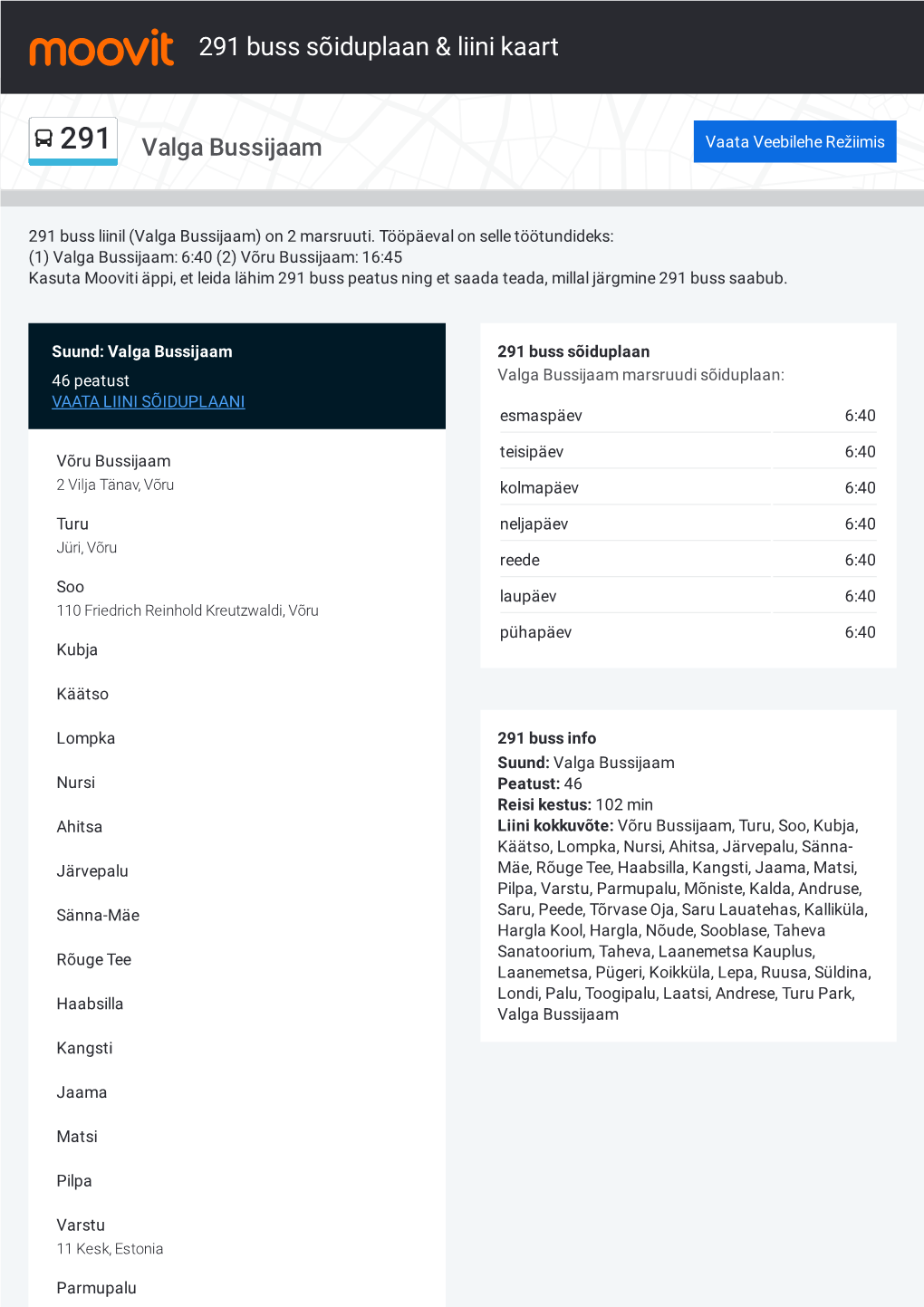 291 Buss Sõiduplaan & Liini Marsruudi Kaart