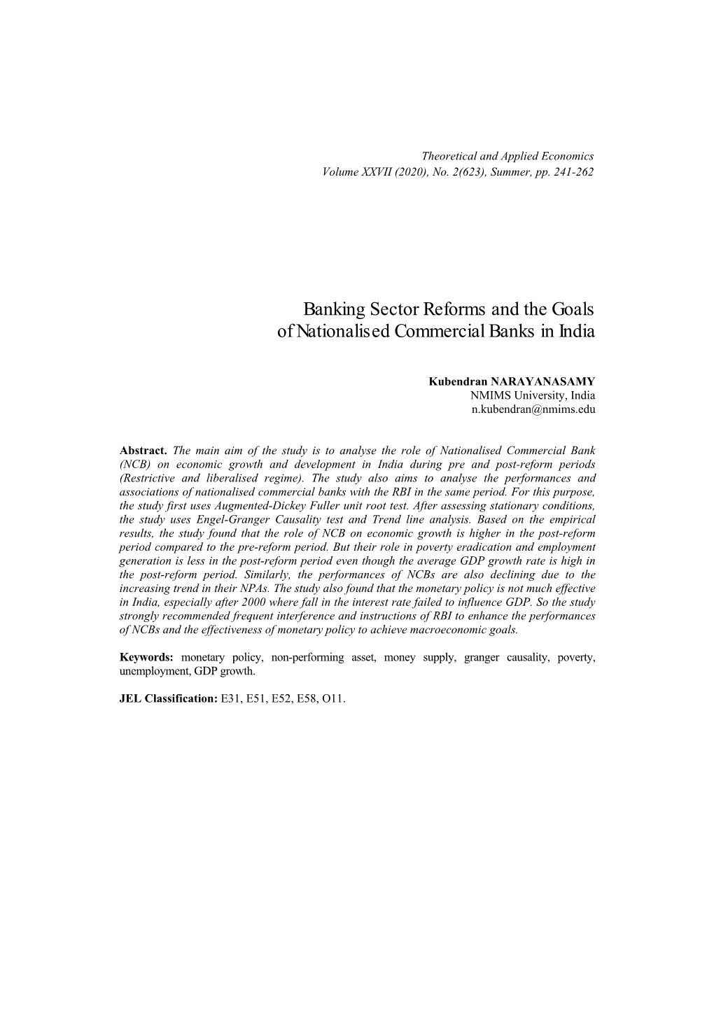 Banking Sector Reforms and the Goals of Nationalised Commercial Banks in India