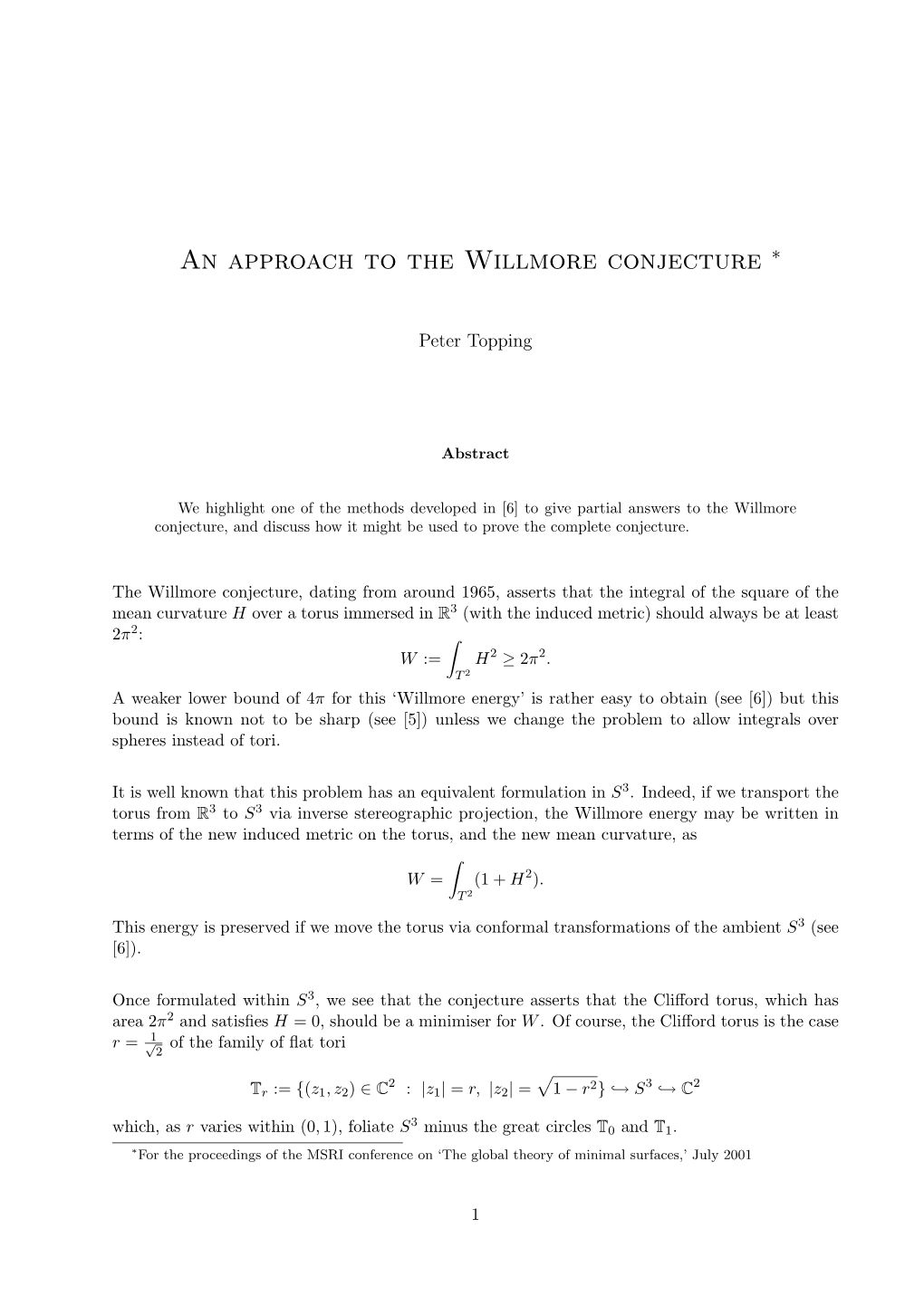 An Approach to the Willmore Conjecture ∗