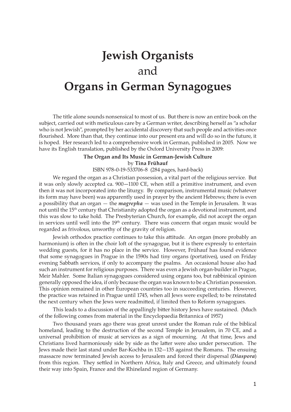 Jewish Organists and Organs in German Synagogues