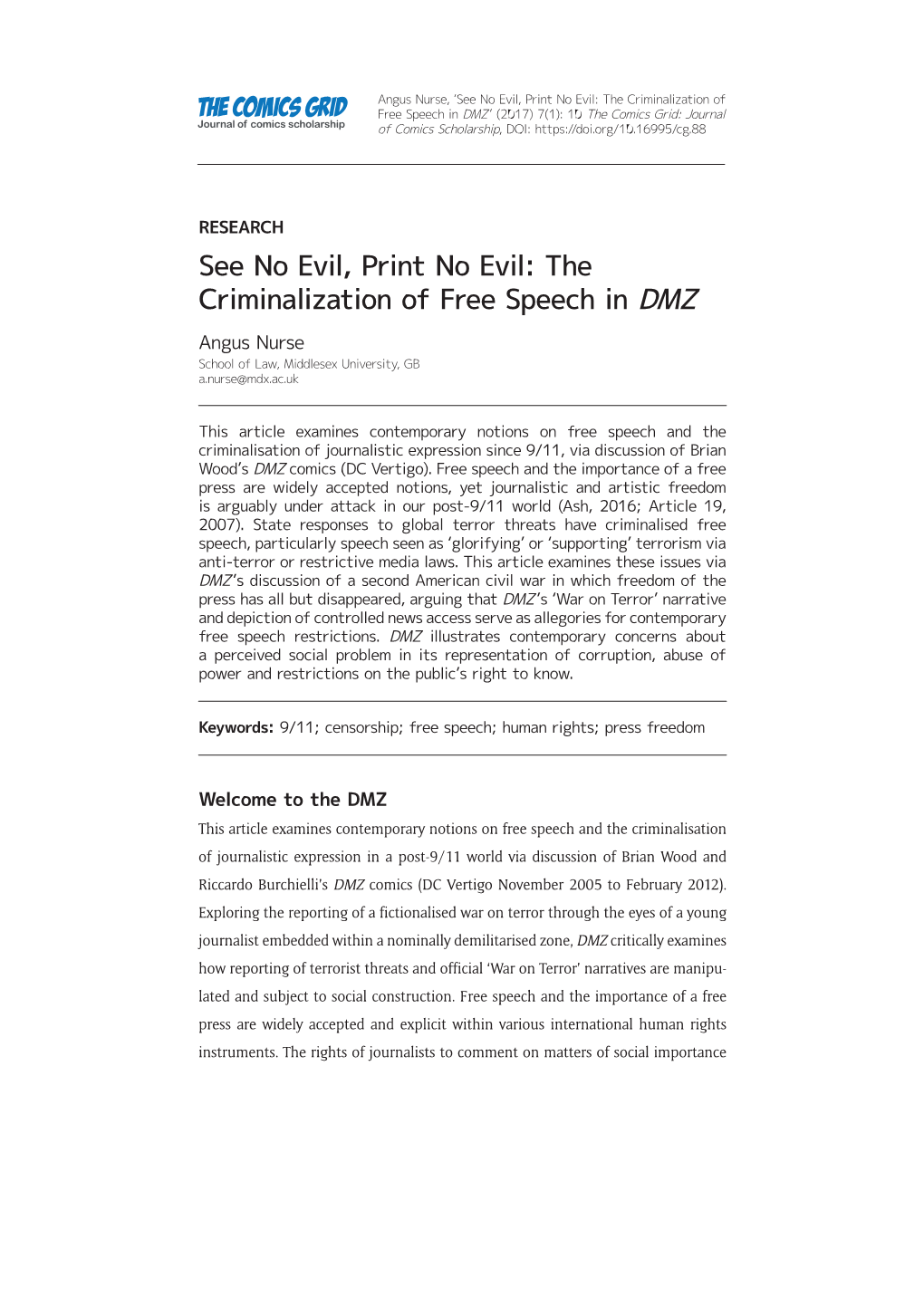 The Criminalization of Free Speech in DMZ Angus Nurse School of Law, Middlesex University, GB A.Nurse@Mdx.Ac.Uk