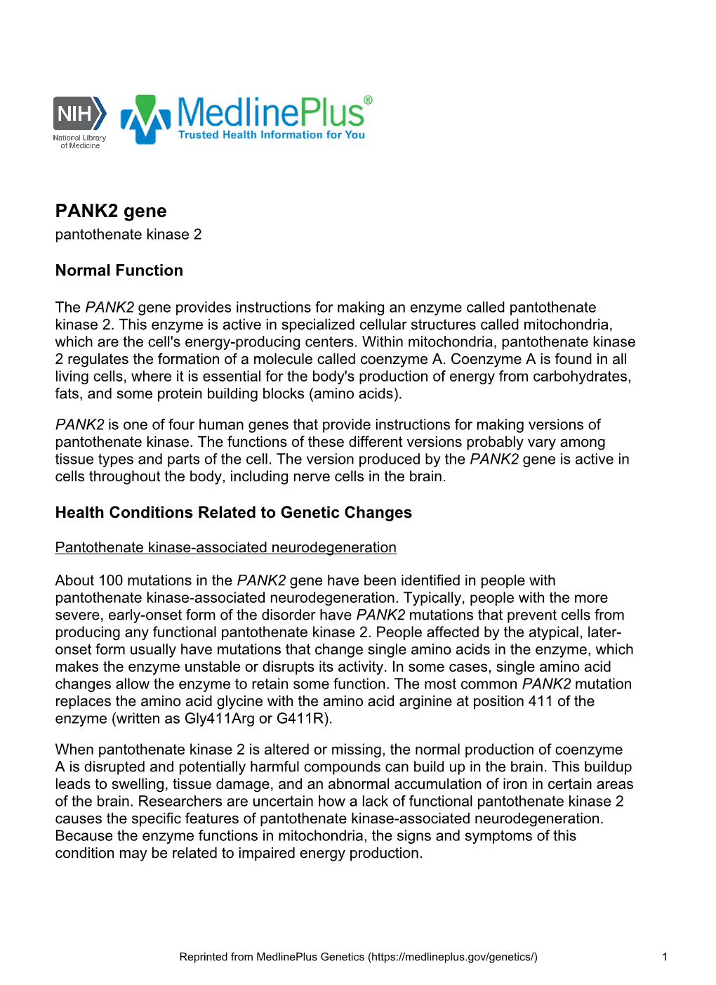 PANK2 Gene Pantothenate Kinase 2