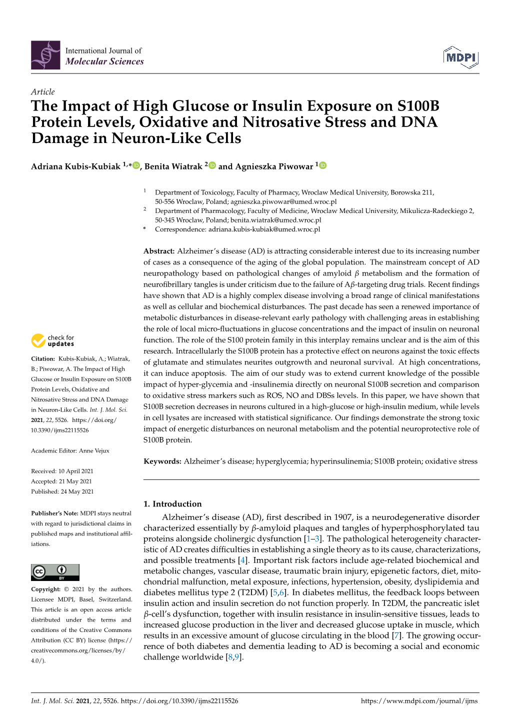 The Impact of High Glucose Or Insulin Exposure on S100B Protein Levels, Oxidative and Nitrosative Stress and DNA Damage in Neuron-Like Cells