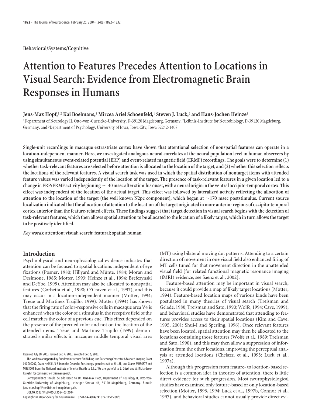 Attention to Features Precedes Attention to Locations in Visual Search: Evidence from Electromagnetic Brain Responses in Humans