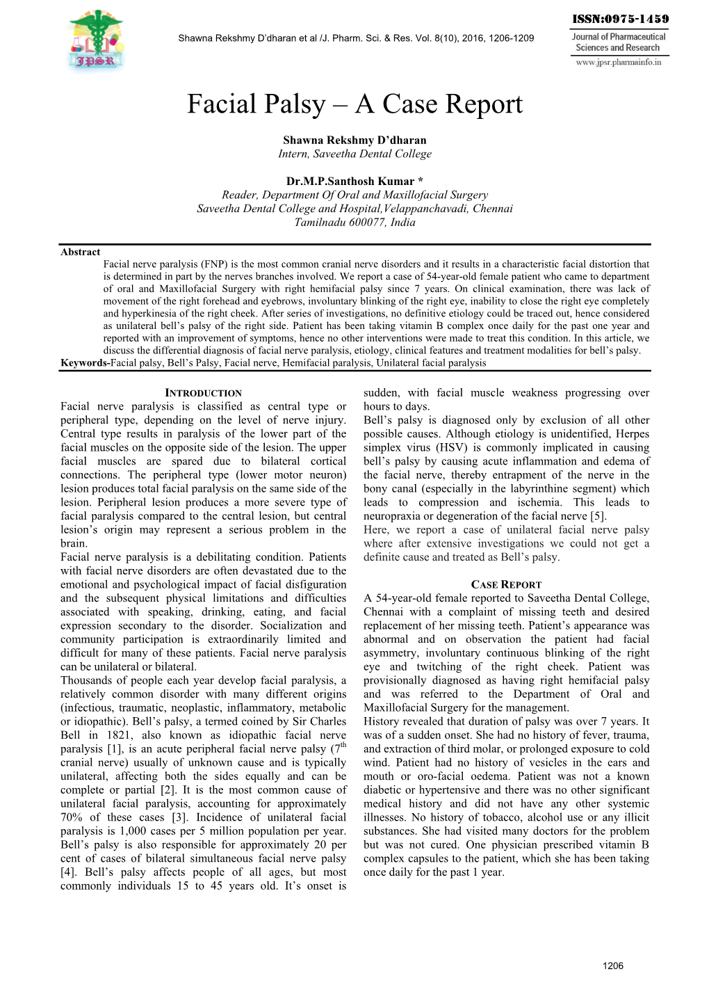 Facial Palsy – a Case Report