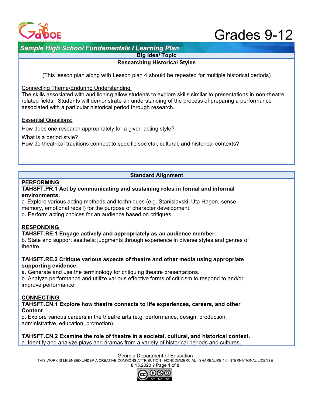 Grades 9-12 Sample High School Fundamentals I Learning Plan Big Idea/ Topic Researching Historical Styles