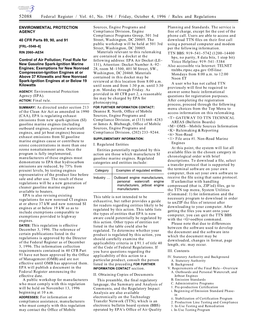 Federal Register / Vol. 61, No. 194 / Friday, October 4, 1996 / Rules and Regulations