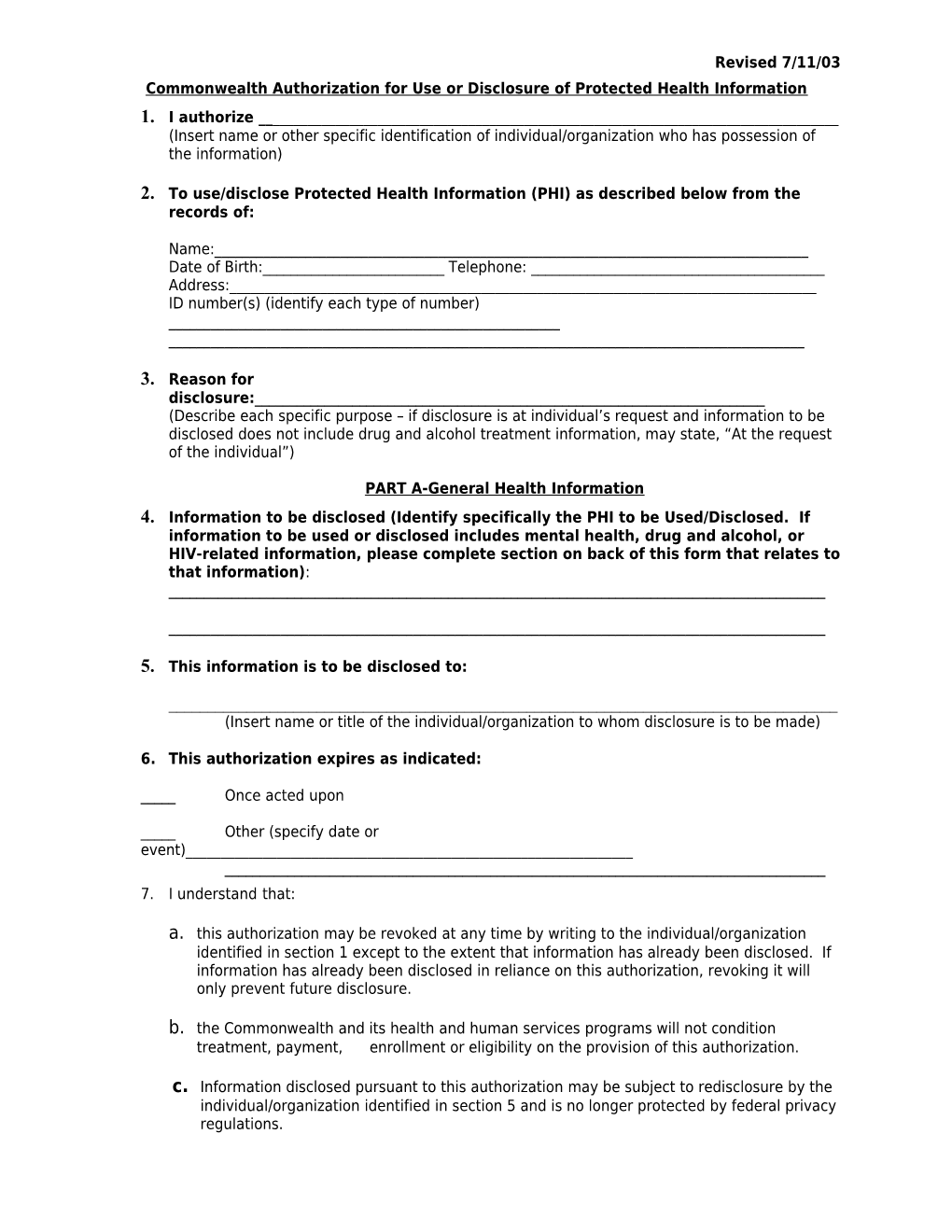 Commonwealth Authorization for Use Or Disclosure of Health Information