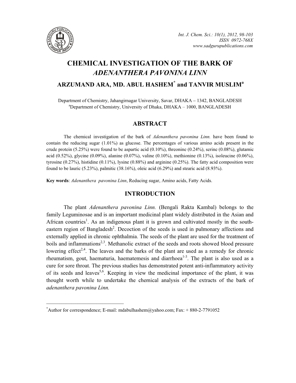 Chemical Investigation of the Bark of Adenanthera Pavonina Linn Arzumand Ara, Md