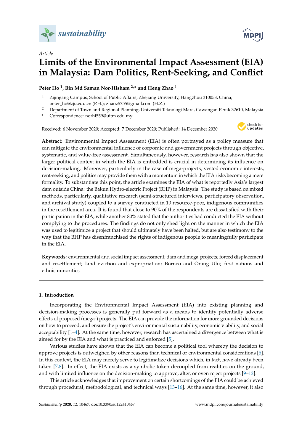 Limits of the Environmental Impact Assessment (EIA) in Malaysia: Dam Politics, Rent-Seeking, and Conﬂict
