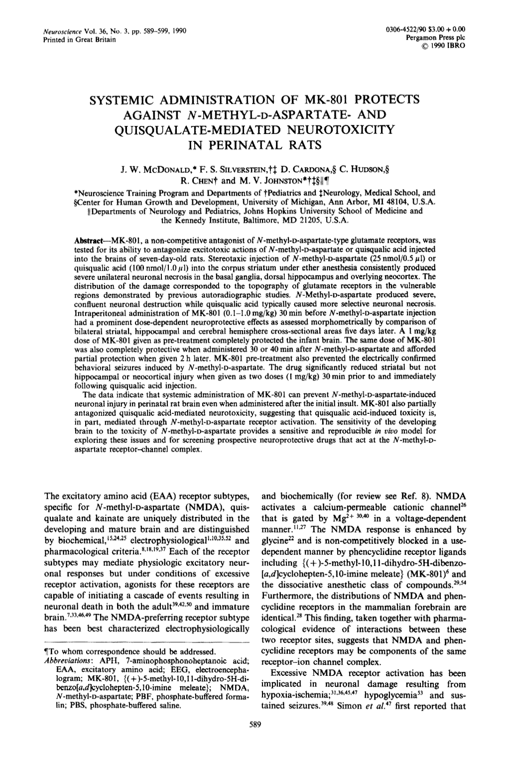 Systemic Administration of Mk-801 Protects Against ~=Met~Yl~~-Aspartate* and Quisqualate-Mediated Neurotoxicity in Perinatal Rats