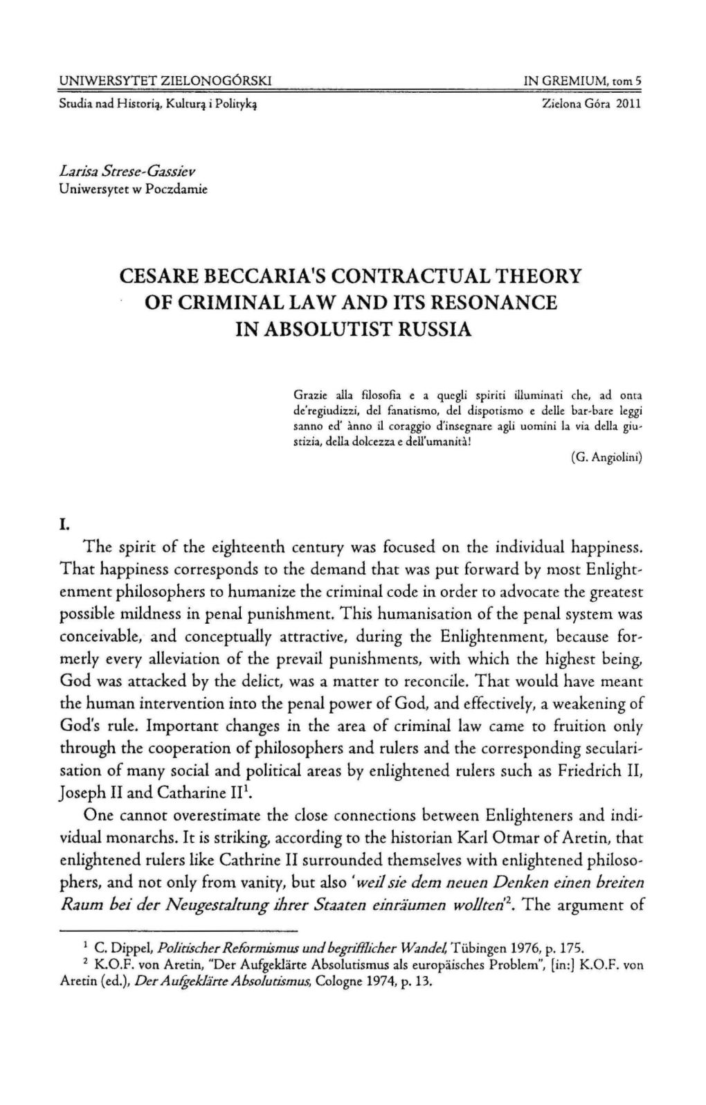 Cesare Beccaria's Contractual Theory of Criminal Law and Its Resonance in Absolutist Russia