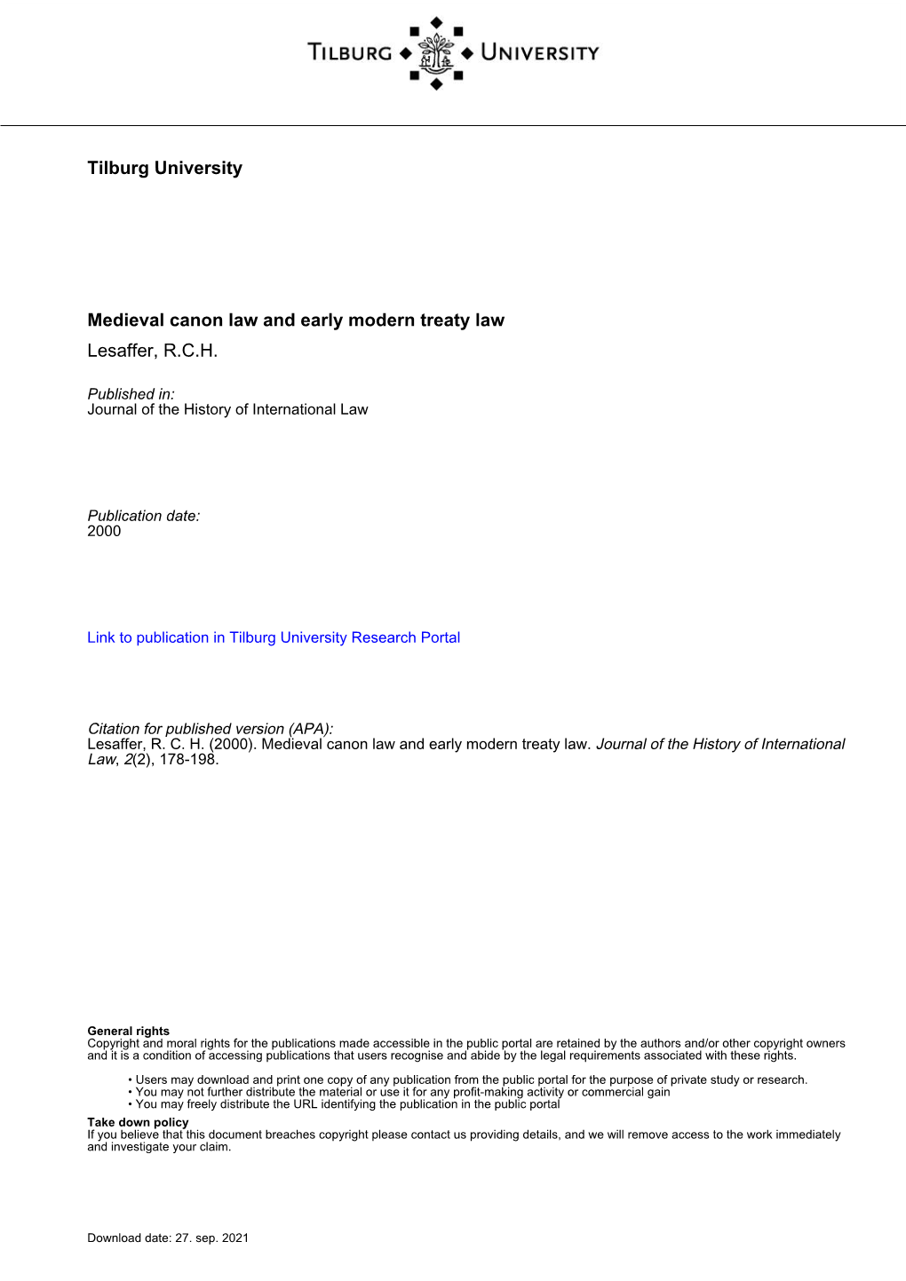 Medieval Canon Law and Early Modern Treaty Law Lesaffer, R.C.H