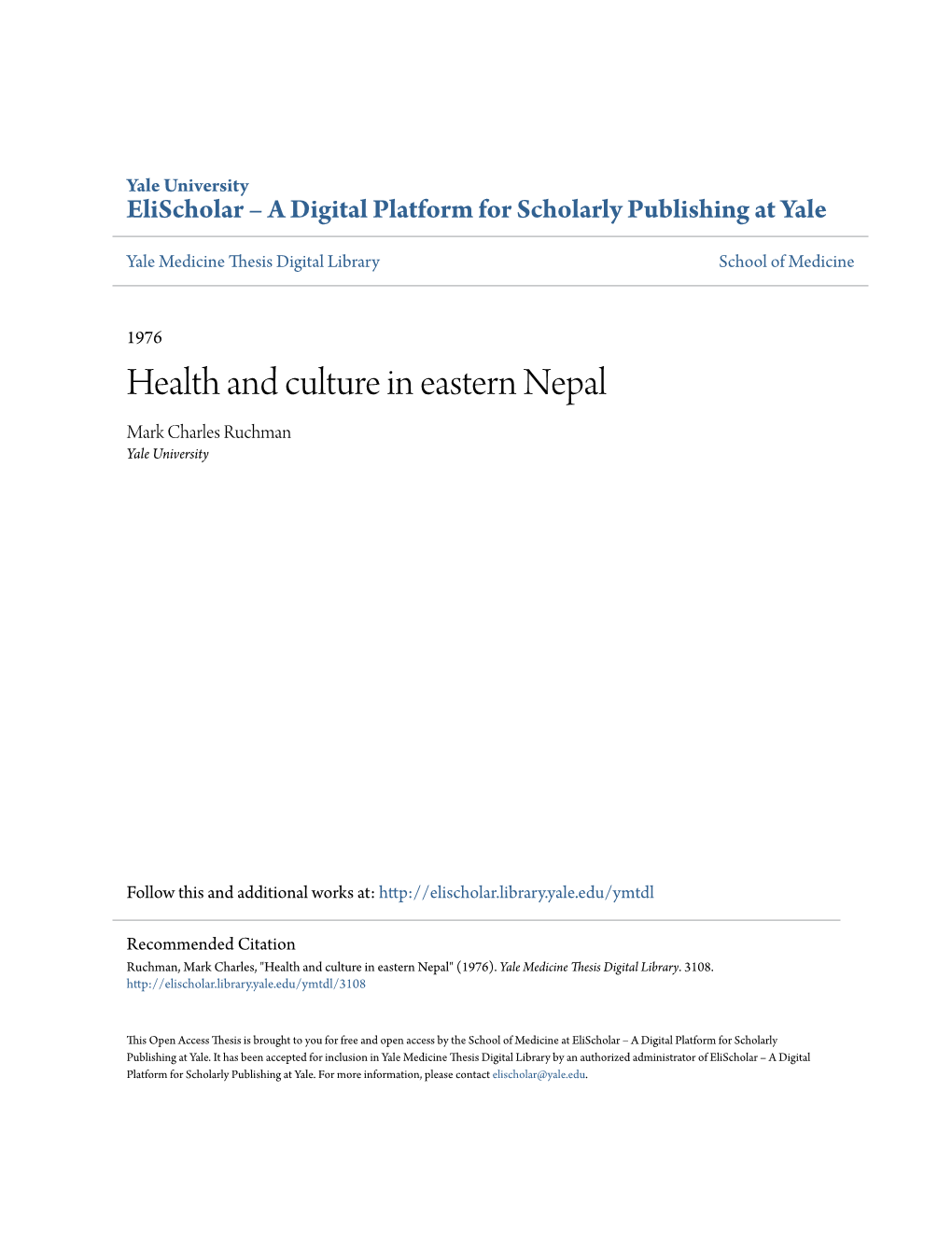 Health and Culture in Eastern Nepal Mark Charles Ruchman Yale University