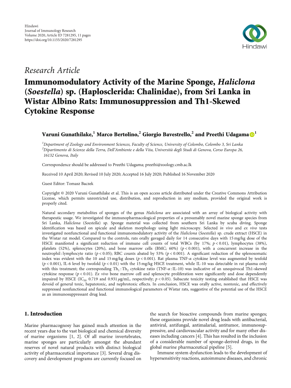 Immunomodulatory Activity of the Marine Sponge, Haliclona (Soestella) Sp