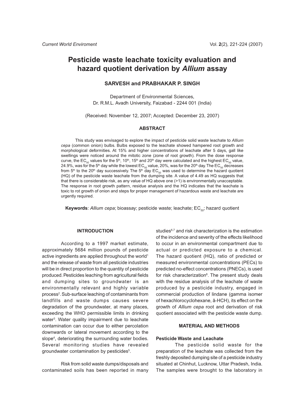 Pesticide Waste Leachate Toxicity Evaluation and Hazard Quotient Derivation by Allium Assay