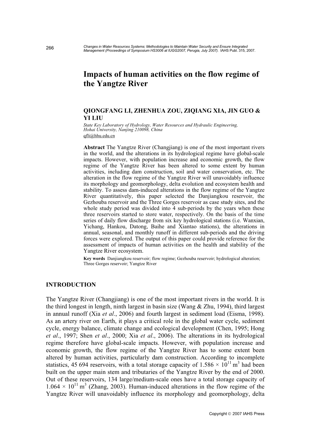 Impacts of Human Activities on the Flow Regime of the Yangtze River