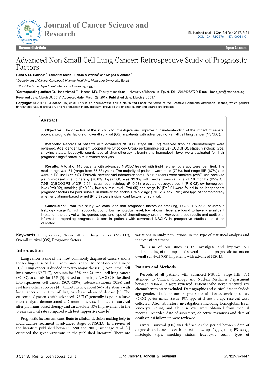 Advanced Non-Small Cell Lung Cancer: Retrospective Study Of