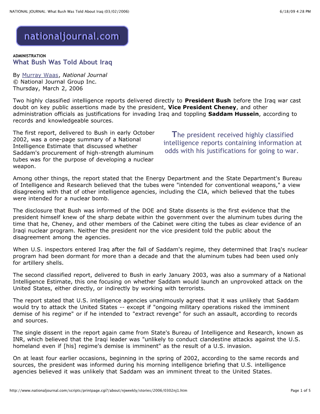 NATIONAL JOURNAL: What Bush Was Told About Iraq (03/02/2006) 6/18/09 4:28 PM