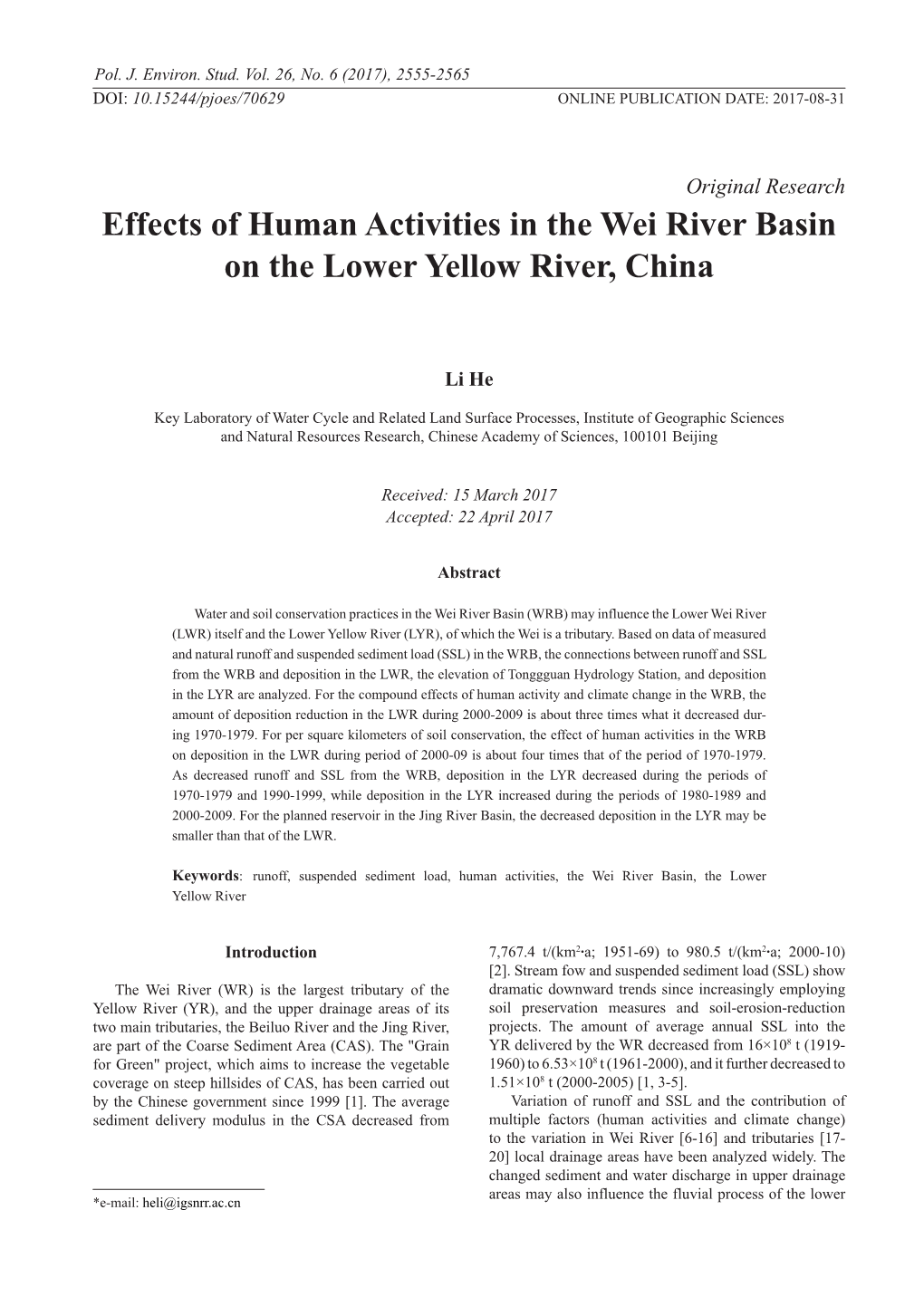 Effects of Human Activities in the Wei River Basin on the Lower Yellow River, China