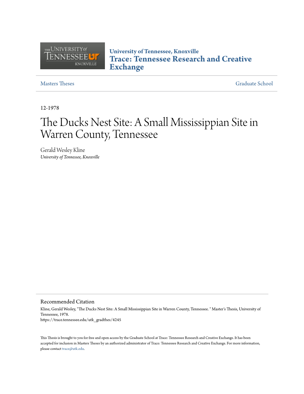 A Small Mississippian Site in Warren County, Tennessee Gerald Wesley Kline University of Tennessee, Knoxville