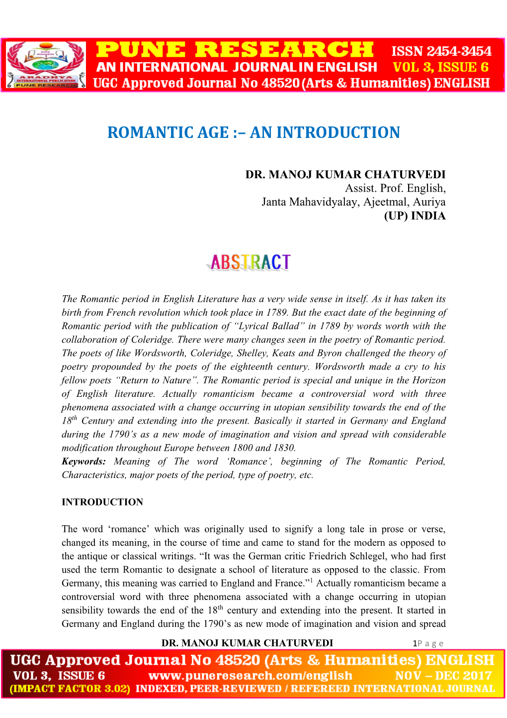 Romantic Age :– an Introduction