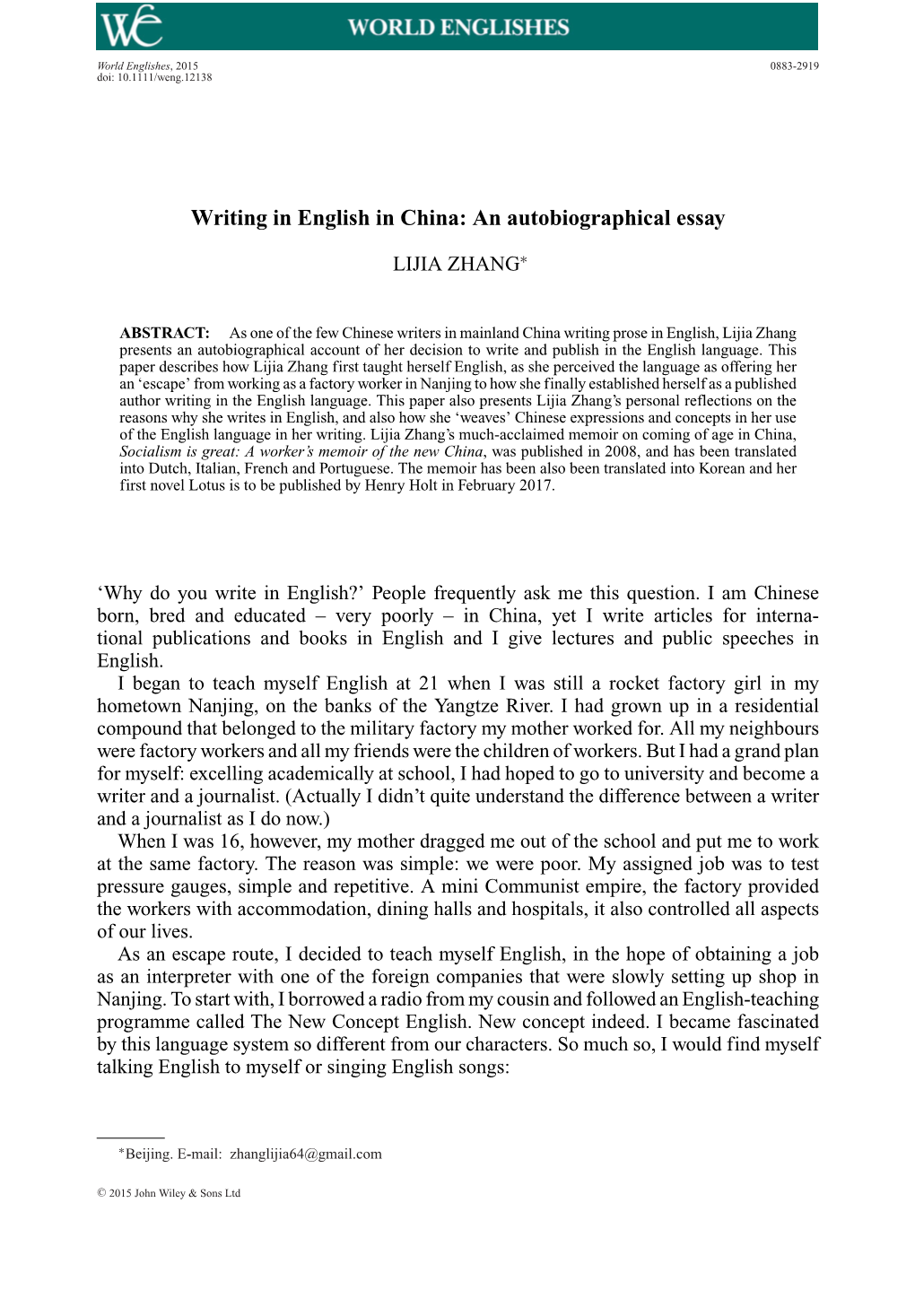 Writing in English in China: an Autobiographical Essay