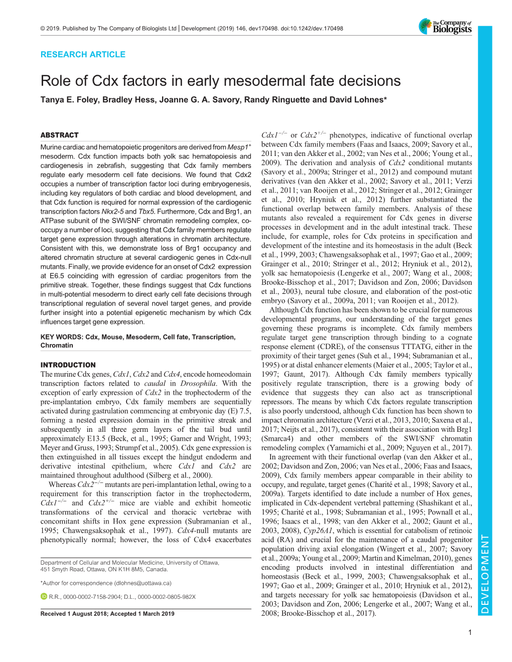 Role of Cdx Factors in Early Mesodermal Fate Decisions Tanya E