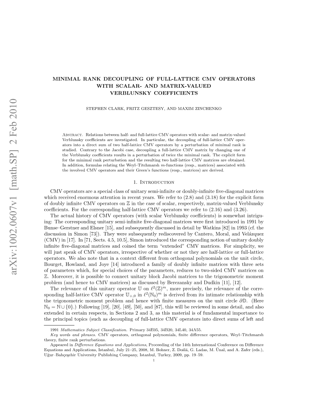 Minimal Rank Decoupling of Full-Lattice CMV Operators With